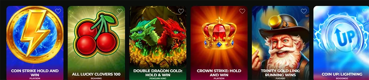 Online casino slot game thumbnails including Coin Strike Hold and Win, All Lucky Clovers 100, Double Dragon Gold Hold & Win, Crown Strike Hold and Win, Trinity Gold Link Running Wins and Coin Up Lightning displayed in a colorful game lobby interface.