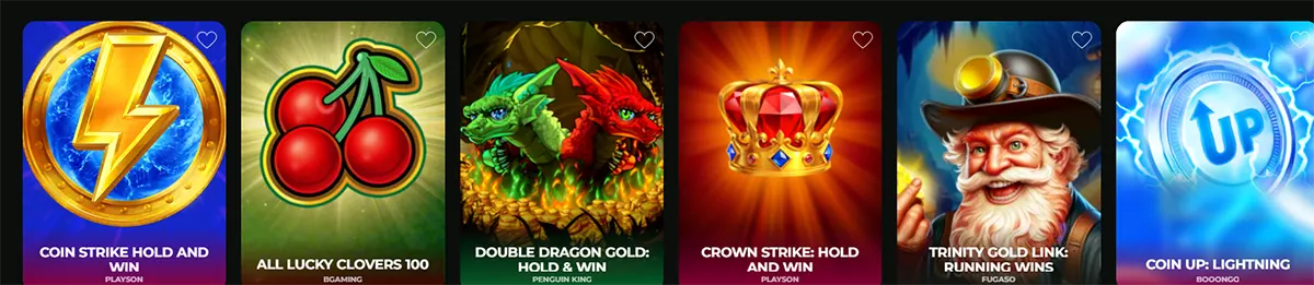 Online casino slot game thumbnails including Coin Strike Hold and Win, All Lucky Clovers 100, Double Dragon Gold Hold & Win, Crown Strike Hold and Win, Trinity Gold Link Running Wins and Coin Up Lightning displayed in a colorful game lobby interface.