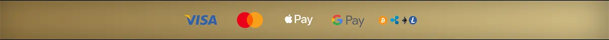 Online casino payment methods banner displaying Visa, Mastercard, Apple Pay, Google Pay, Bitcoin and Litecoin logos on a gold background.