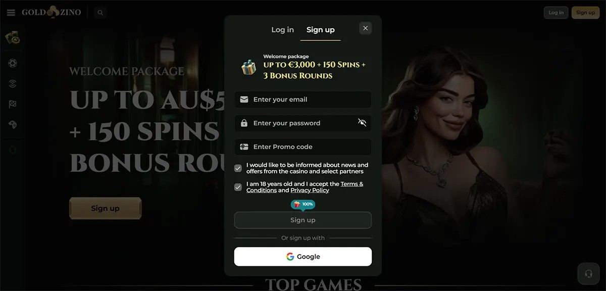 Goldzino online casino sign-up popup showing welcome package up to €3,000 + 150 spins and 3 bonus rounds, with email, password and promo code fields, Google sign-up option, dark casino interface and female character on background.