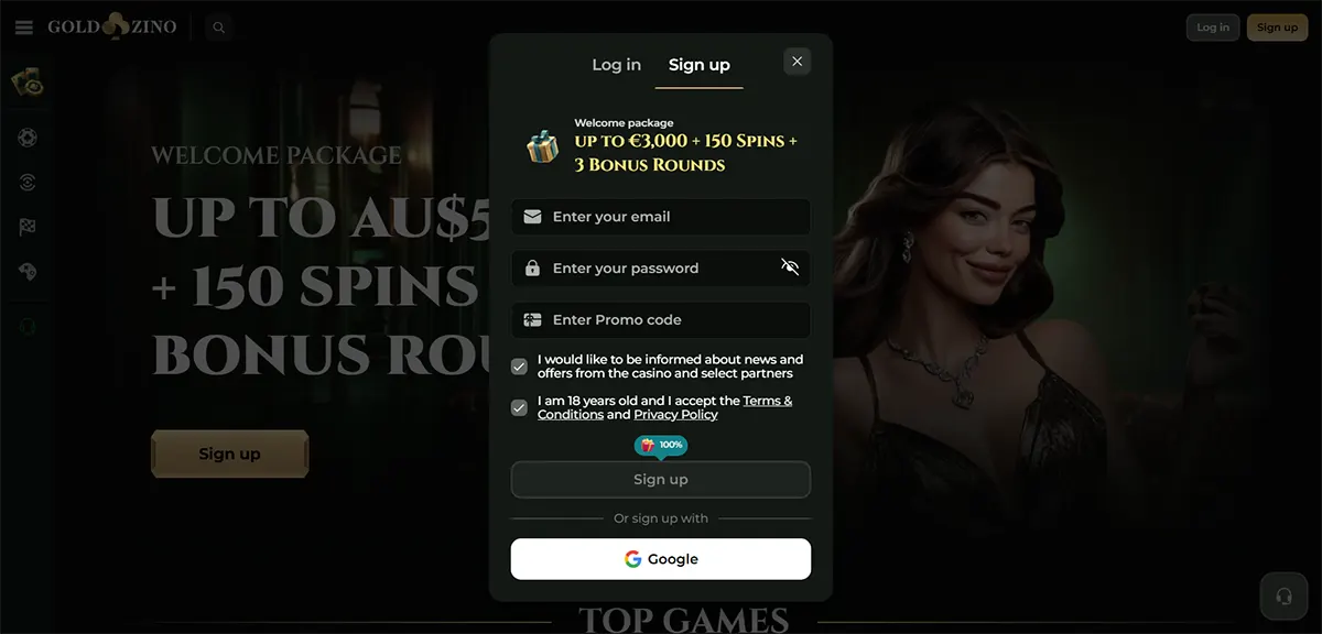 Goldzino online casino sign-up popup showing welcome package up to €3,000 + 150 spins and 3 bonus rounds, with email, password and promo code fields, Google sign-up option, dark casino interface and female character on background.